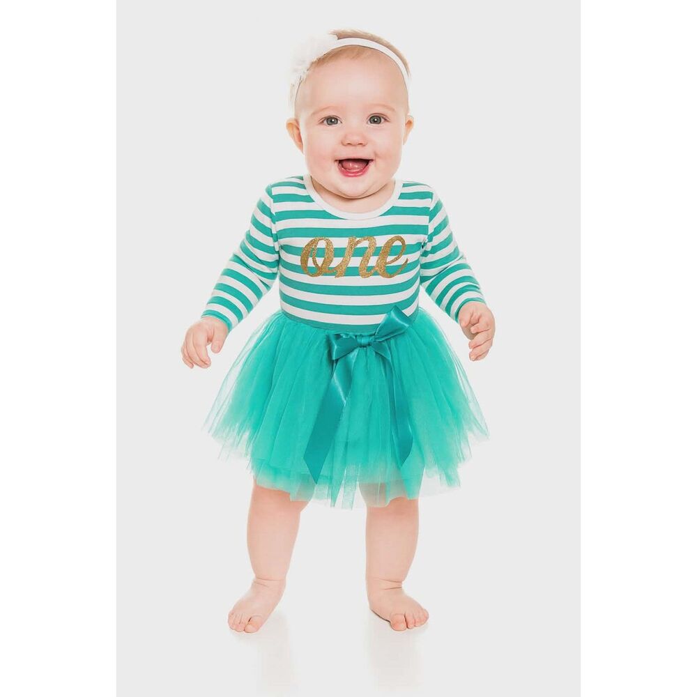 First Birthday Dress IBTom Green Tutu Striped Long Sleeve GIRLS 12 - 18 Months